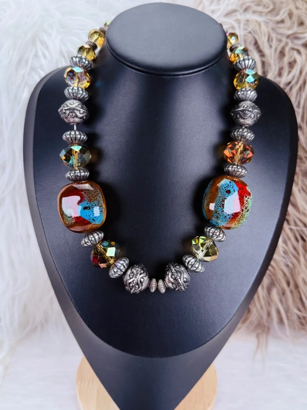 Bohemian, chunky glass beaded weighted statement, necklace